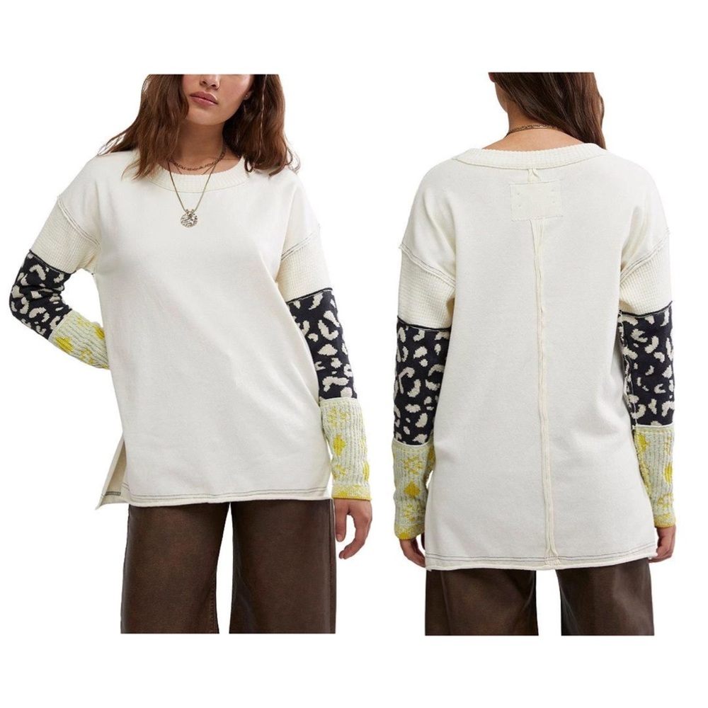 Free People Tiger Style Cuff Long Sleeve Knit Tee Tea Combo M NWT